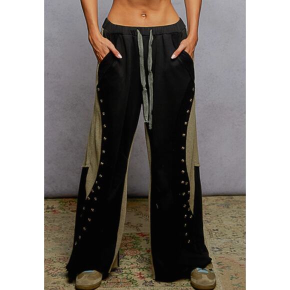 Pol Womens Terry Cloth Thermal Knit Material Jogger Wide Leg Black NEW - Picture 1 of 3